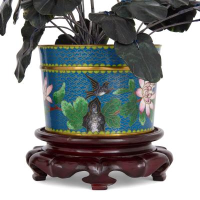 Pair of large Chinese hardstone jade and cloisonn enamel flower models