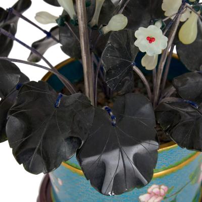 Pair of large Chinese hardstone jade and cloisonn enamel flower models