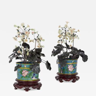Pair of large Chinese hardstone jade and cloisonn enamel flower models