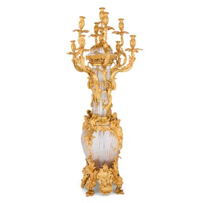 Pair of large French Rococo style glass and gilt bronze candelabra