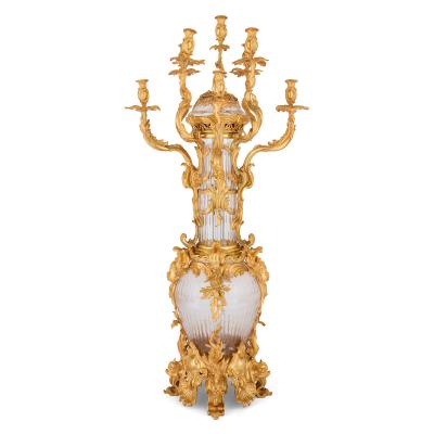 Pair of large French Rococo style glass and gilt bronze candelabra