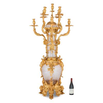 Pair of large French Rococo style glass and gilt bronze candelabra