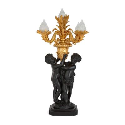 Pair of large Louis XVI style gilt and patinated bronze cherub candelabra