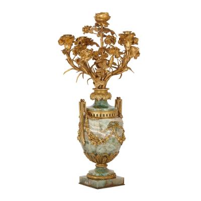 Pair of large Louis XVI style gilt bronze mounted fluorspar candelabra