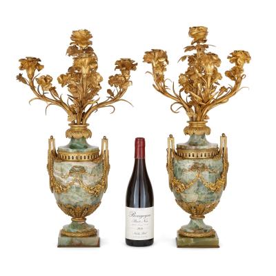 Pair of large Louis XVI style gilt bronze mounted fluorspar candelabra