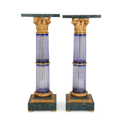 Pair of large Neoclassical style glass marble and ormolu pedestals
