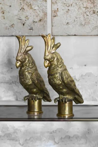 Pair of large embossed brass parrots handcrafted Molto Editions