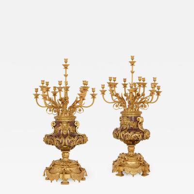 Pair of large gilt bronze and marble candelabra