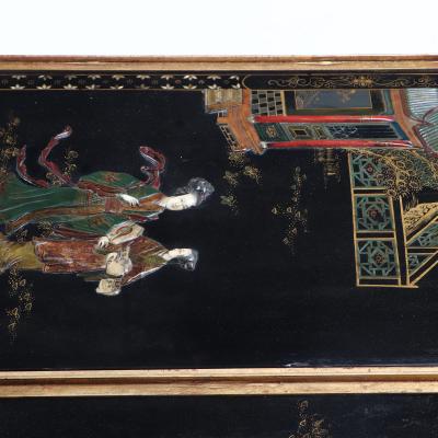 Pair of large gilt iron coffee tables with Chinese decorated tops C 1940