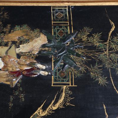 Pair of large gilt iron coffee tables with Chinese decorated tops C 1940