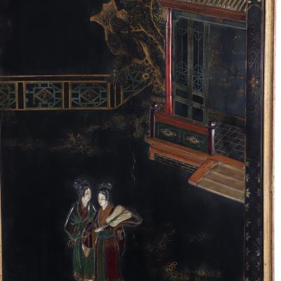 Pair of large gilt iron coffee tables with Chinese decorated tops C 1940