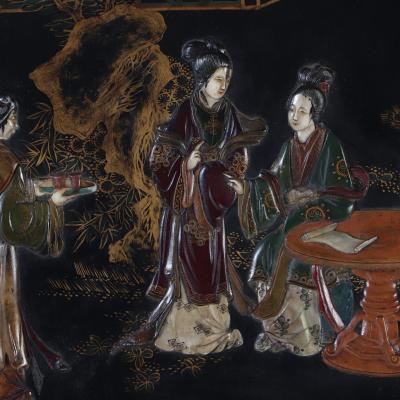 Pair of large gilt iron coffee tables with Chinese decorated tops C 1940