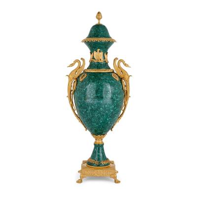 Pair of large malachite and ormolu mounted Empire style vases