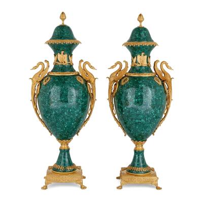 Pair of large malachite and ormolu mounted Empire style vases
