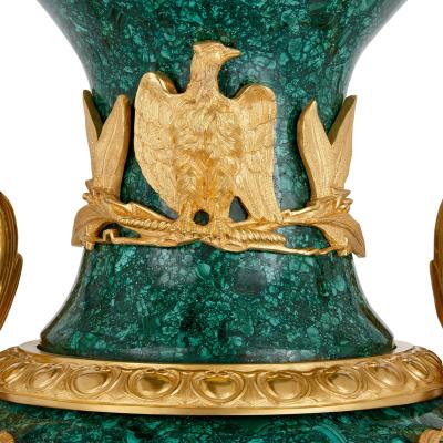 Pair of large malachite and ormolu mounted Empire style vases