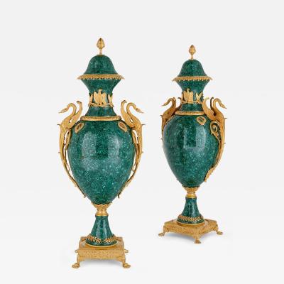 Pair of large malachite and ormolu mounted Empire style vases