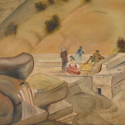 Pair of large paintings of Jerusalem from the Mount of Olives