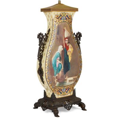 Pair of late 19th century French painted porcelain lamps