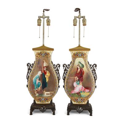 Pair of late 19th century French painted porcelain lamps