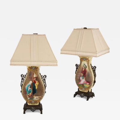 Pair of late 19th century French painted porcelain lamps