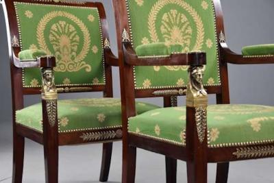 Pair of late 19thc French Empire style mahogany fauteuils