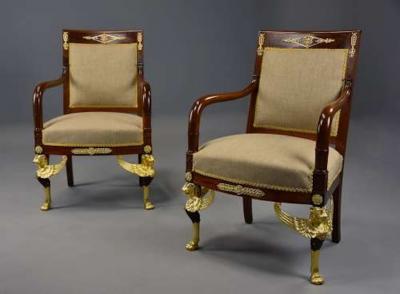 Pair of late 19thc French mahogany fauteuils in the Empire style