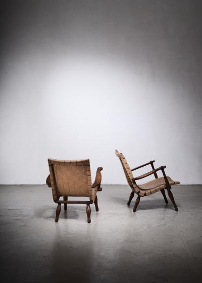 Pair of lounge chairs with webbed seating Sweden 1940s