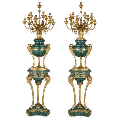 Pair of malachite and gilt bronze stands in the Neoclassical style