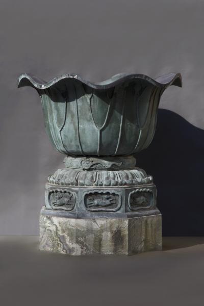 Pair of massive patinated bronze Li n flower form vases