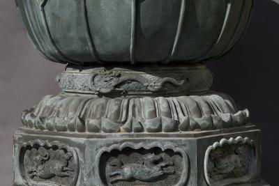 Pair of massive patinated bronze Li n flower form vases
