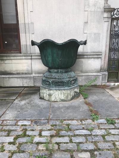 Pair of massive patinated bronze Li n flower form vases