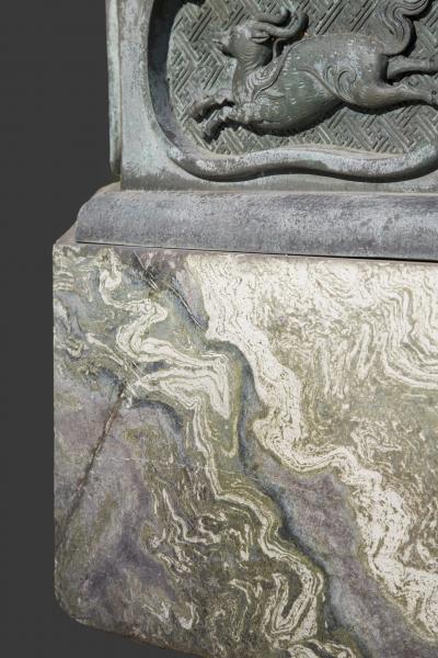 Pair of massive patinated bronze Li n flower form vases