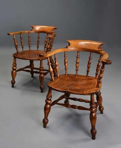 Pair of mid 19th century birch smokers bow Windsor or Captain s chairs