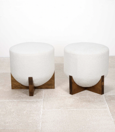 Pair of mid century italian boucle and wood stools