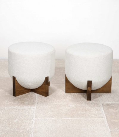 Pair of mid century italian boucle and wood stools