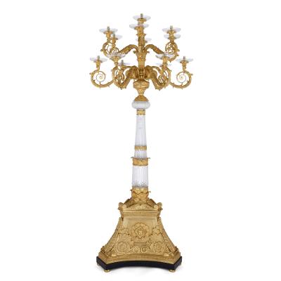Pair of monumental gilt bronze and glass floor standing candelabra
