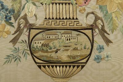 Pair of needlework panels in impressive original gilt carton pierre frames