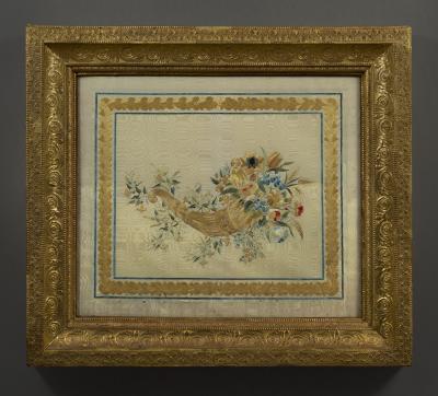 Pair of needlework panels in impressive original gilt carton pierre frames