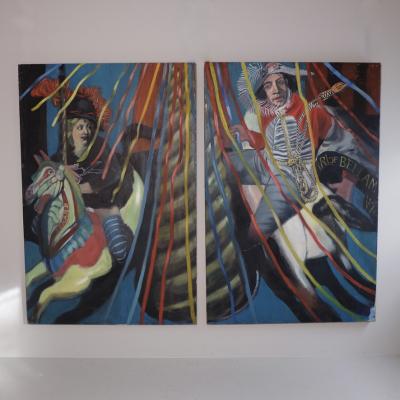 Pair of oversized paintings fairground theme