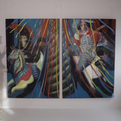 Pair of oversized paintings fairground theme