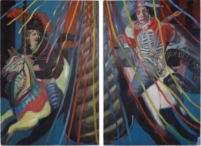 Pair of oversized paintings fairground theme