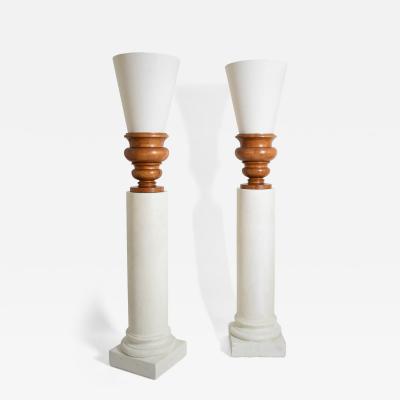 Pair of plaster columns and wooden lamps vases 