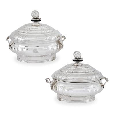Pair of rare Danish eighteenth century silver soup tureens with trays