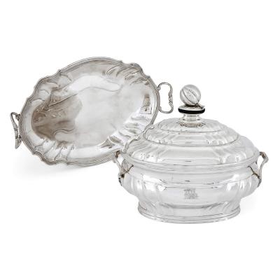 Pair of rare Danish eighteenth century silver soup tureens with trays