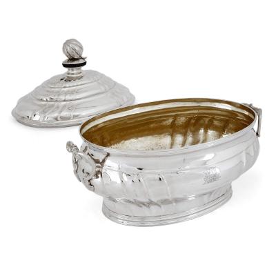 Pair of rare Danish eighteenth century silver soup tureens with trays