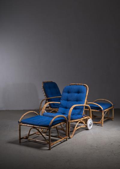 Pair of rattan adjustable lounge chairs with ottoman