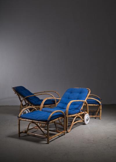 Pair of rattan adjustable lounge chairs with ottoman