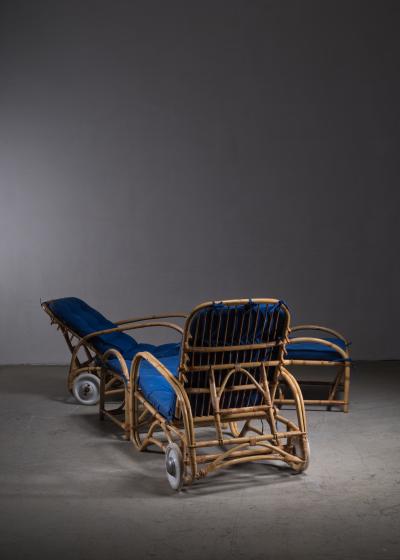 Pair of rattan adjustable lounge chairs with ottoman