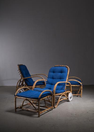 Pair of rattan adjustable lounge chairs with ottoman