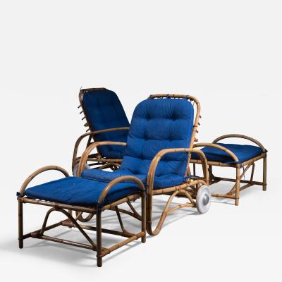 Pair of rattan adjustable lounge chairs with ottoman